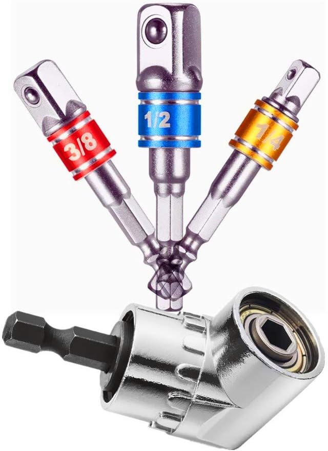 105 Angle 1/4-Inch 6mm Extension Hex Drill Bit Screwdriver Socket Holder Adaptor + 3-Piece 1/4" 3/8" 1/2" Impact Grade Socket Adapter/Extension Set Turns Power Drill Into High Speed Nut Driver