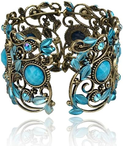 Vintage VTG Rainbow Blue Flower Resin CZ Rhinestone Drop Cuff Bracelet Bangle