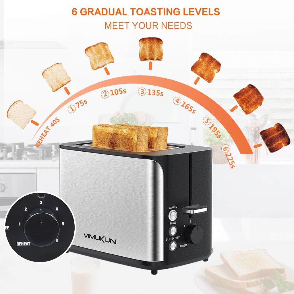2 Slice Toaster Stainless Steel Bread Toasters 7 Toasting Browning Shade Settings with Extra Wide Slot and Removable Crumb Tray, Bagel/Cancel/Gluten Free/Reheat Function, 900 Watt, Sliver&Black: Kitchen & Dining