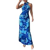 Floerns Women's Tie Dye Criss Cross Halter Dress Sleeveless Bodycon Maxi Prom Dresses