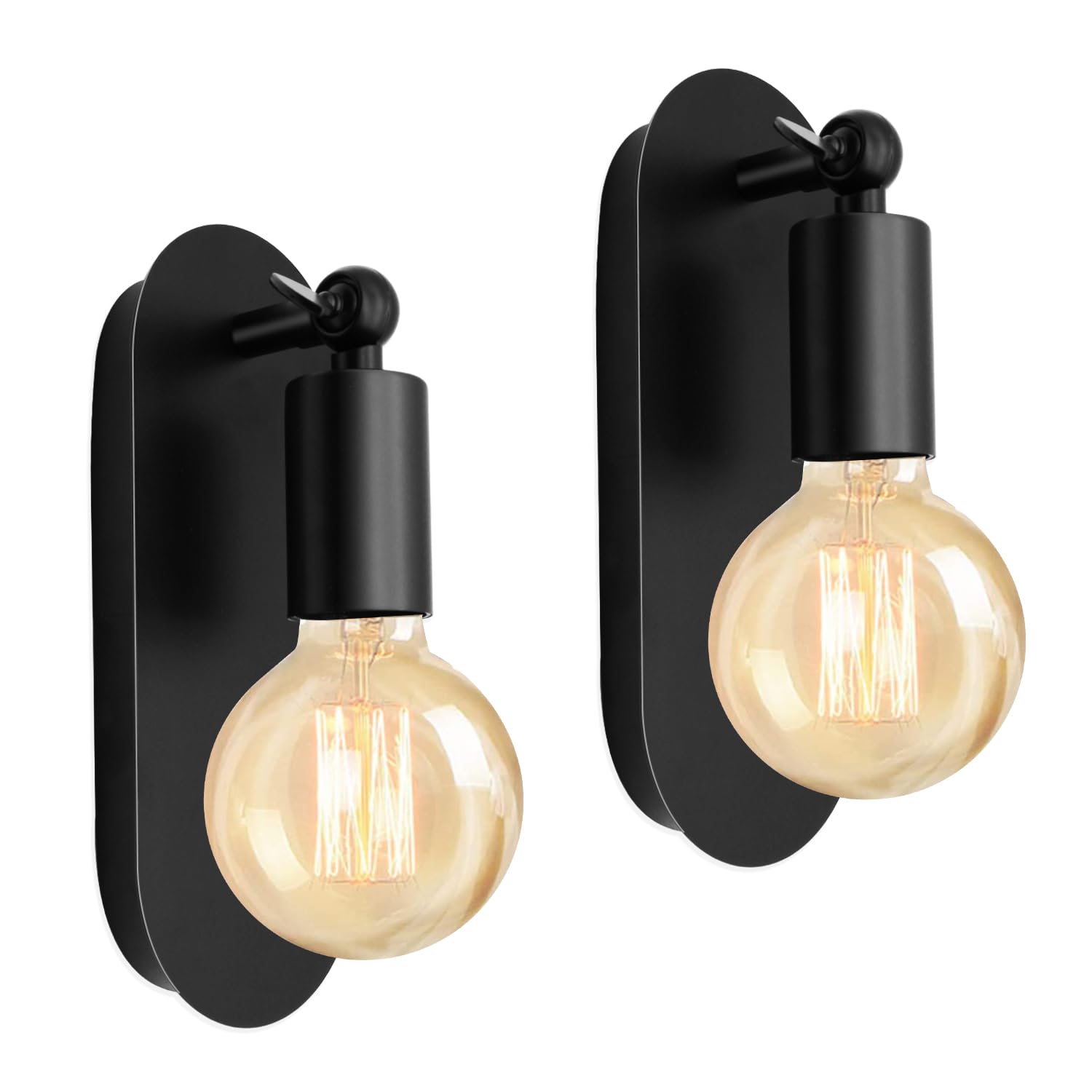 2 Pack E27 Vintage Indoor Wall Lamp, Adjustable Industrial Wall Lights, Black Metal Wall Sconce for Bedroom, Bedside Wall Light, Rotatable Wall Spotlights, Bathroom Mirror Vanity Light, No Bulb