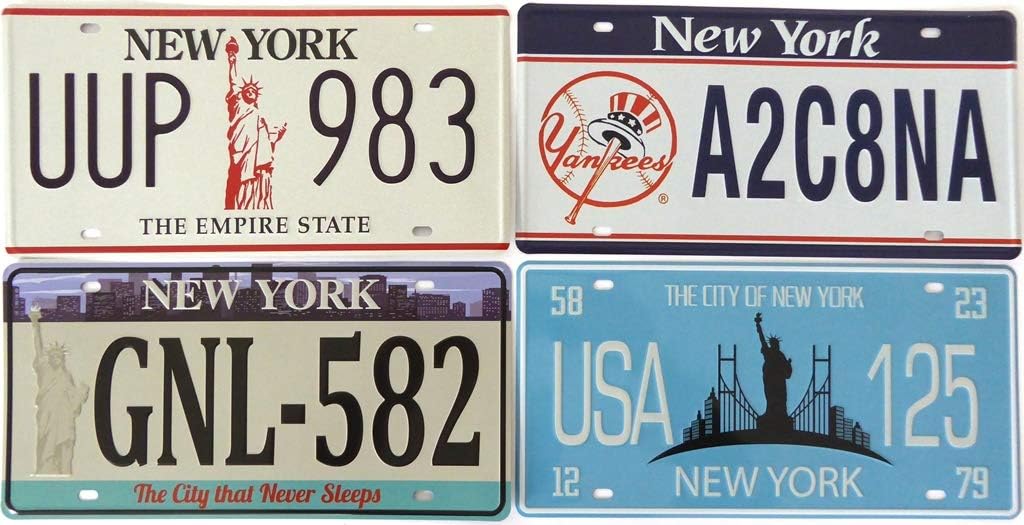 OPO 10 - Set of 4 metal USA car LICENSE PLATES - replicas of real USA NEW YORK CITY NYC license plates, White, Blue, Red, Green