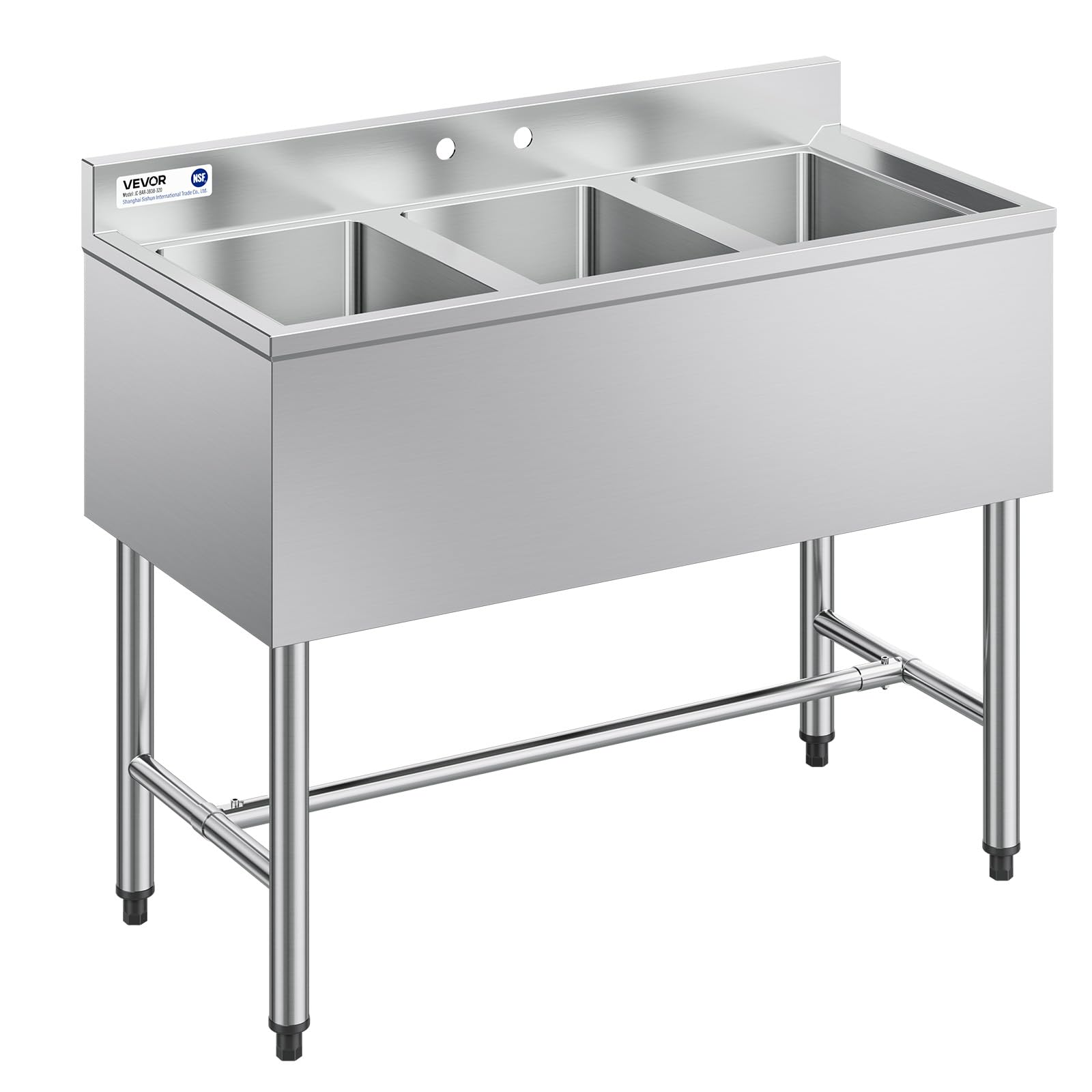 Photo 1 of VEVOR 3 Compartment Sink, 18-Gauge 304 Stainless Steel, 10" x 14" x 10" Bowl Size, 3 Bay Commercial Under Bar Sink with Backsplash and Efficient Drainage for Kitchen, Restaurant, Food Truck & Home Use