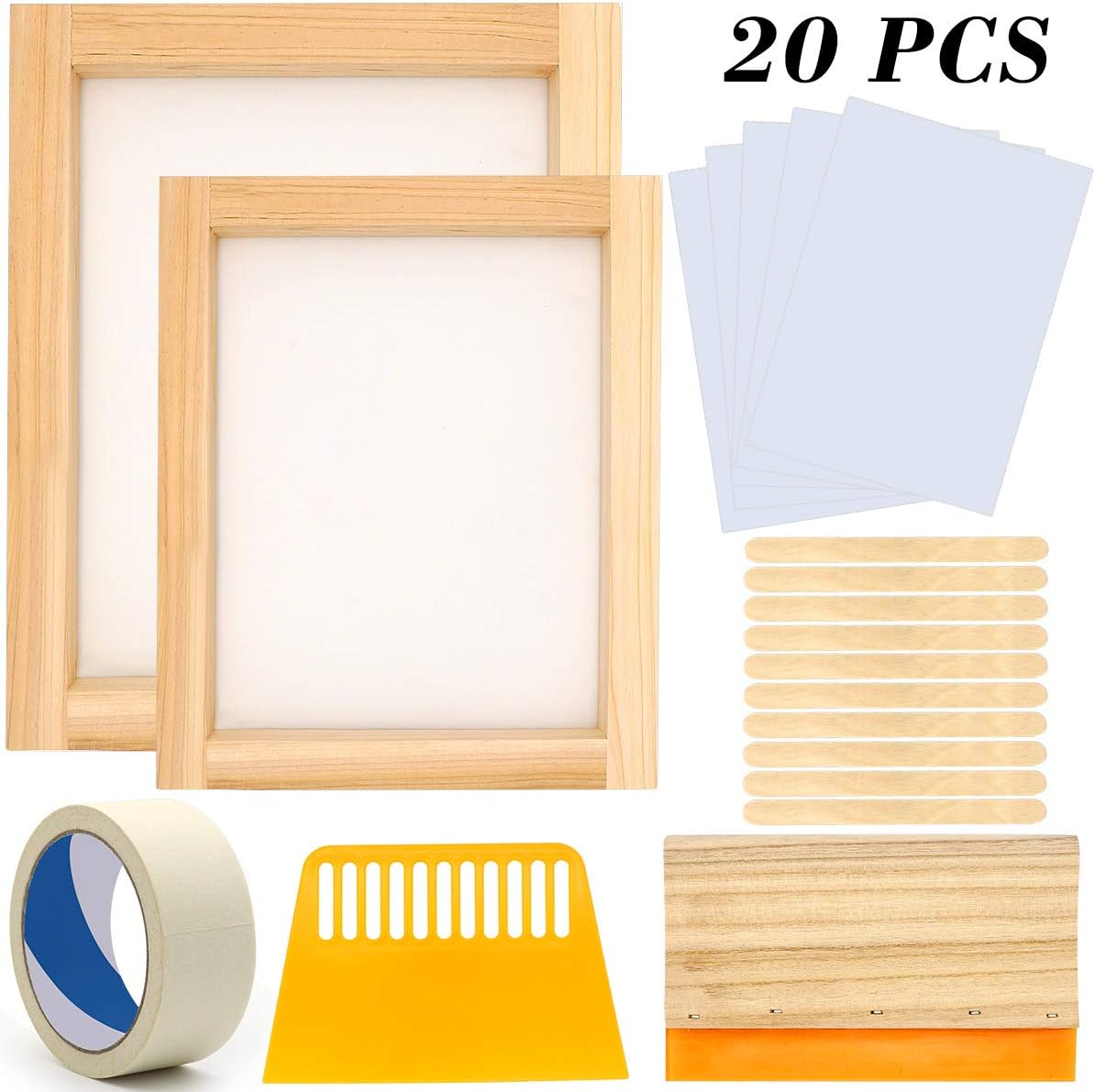 20 Pieces Screen Printing Starter Kit, Angela&Alex 10 x 14 Inch Wood Silk Screen Printing Frame White Mesh Screen Printing Squeegees Inkjet Transparency Film and Mask Tape