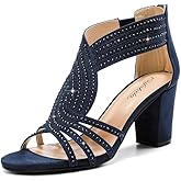 Gufobela Women's Rhinestone Sparkly Chunky Block Heel Sandals Open Toe Dressy Shoes with Zipper Closure for Wedding Prom Homecoming Hoco Formal Events