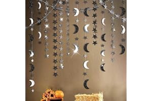 Cheerland Black Silver Moon Decoration Star and Gothic Christmas Decor Garland Twilight Birthday 2026 New Year Eve Party Grunge Glitter Star Banner Celestial Wedding Baby Shower Ramadan Eid Mubarak