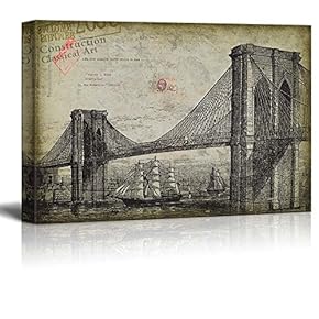 Classical Sketched Bridge with Sailboats Passing Under - Canvas Art Home Art - 12x18 inches
