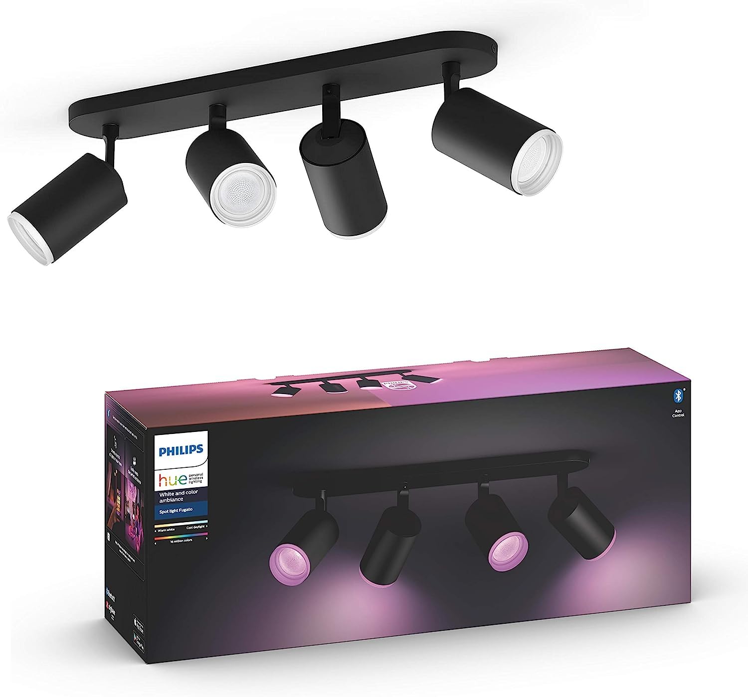 Philips Hue Fugato White & Colour Ambiance Smart 4x Ceiling Spotlight Bar LED (GU10) with Bluetooth, Black, Works with Alexa, Google Assistant and Apple HomeKit โ image 1