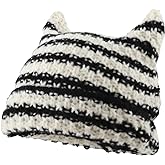 Women Striped Beanie Hat with Little Devil Horn Winter Warm Cap Cute Cat Ears Knitted Hat Fall