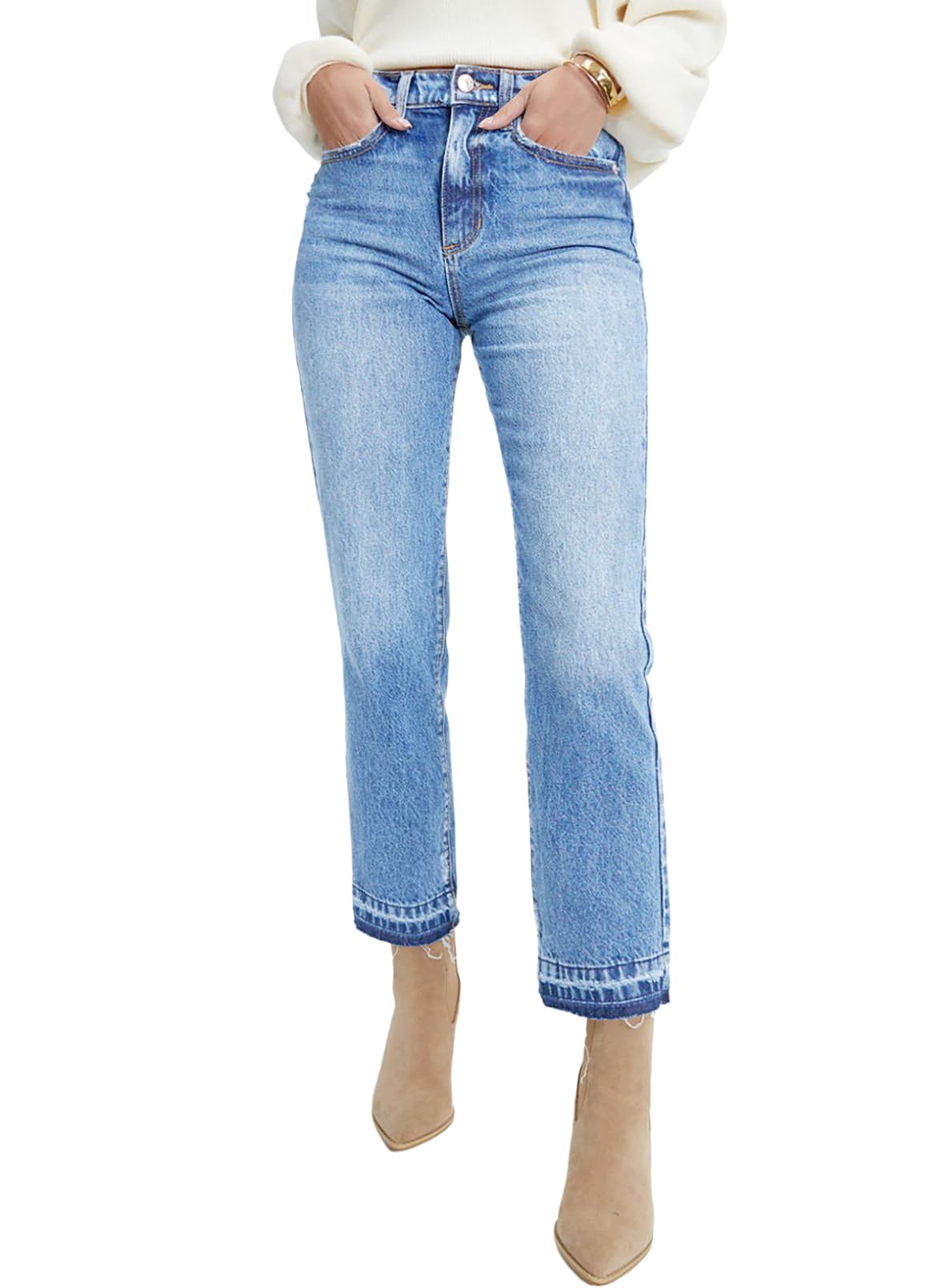 Photo 1 of Astylish Women's High Waisted Frayed Hem Straight Leg Ankle Jeans Stretch Denim Pants Sky Blue