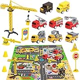 Construction Vehicles Toys with Play Mat, 8 Construction Cars and Crane, 6 Road Signs and 27.5