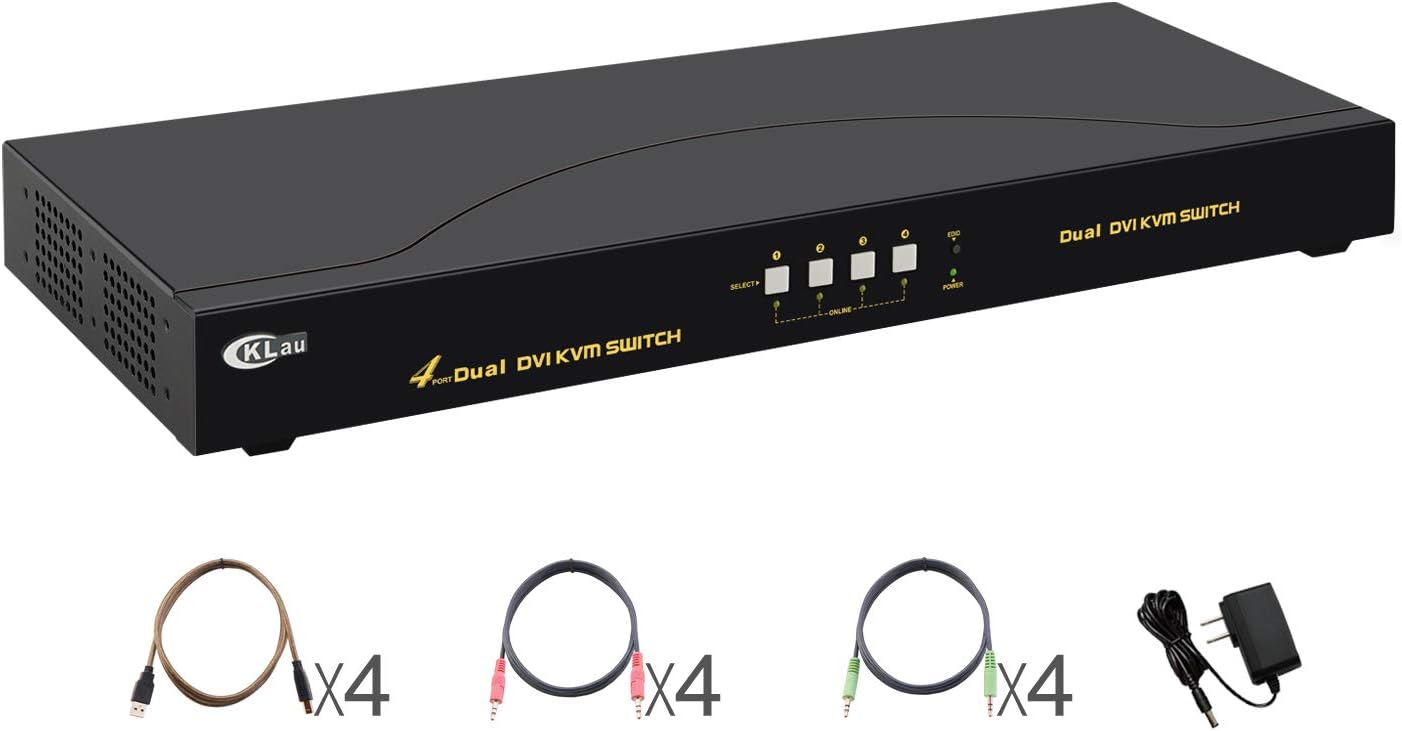 CKLau 4 Port Dual Monitor KVM DVI Extended Display with Audio, Microphone and USB 2.0 Hub