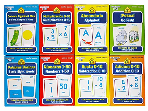 School Zone Spanish English Bilingual Flash Cards 8-Pack (Addition, Subtraction 0-10, Multiplication 0-20, Go Fish, Alphabet, Numbers 1-50, Basic Sight Words, & Colors & Shapes
