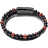 Men Leather Bracelet 2 in 1 Handmade Braided Leather Rope Tiger Eye Beaded Stone Bracelets, Double Row Magnetic Clasp Bracelet Jewelry Gift for Men and Boy