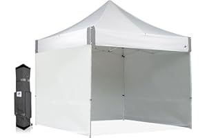 E-Z UP ES100S Instant Commercial Pop Up Canopy Tent, 10' x 10' with 3 Sidewalls, 1 Mid-Zip Sidewall and Wide-Trax Roller Bag, White