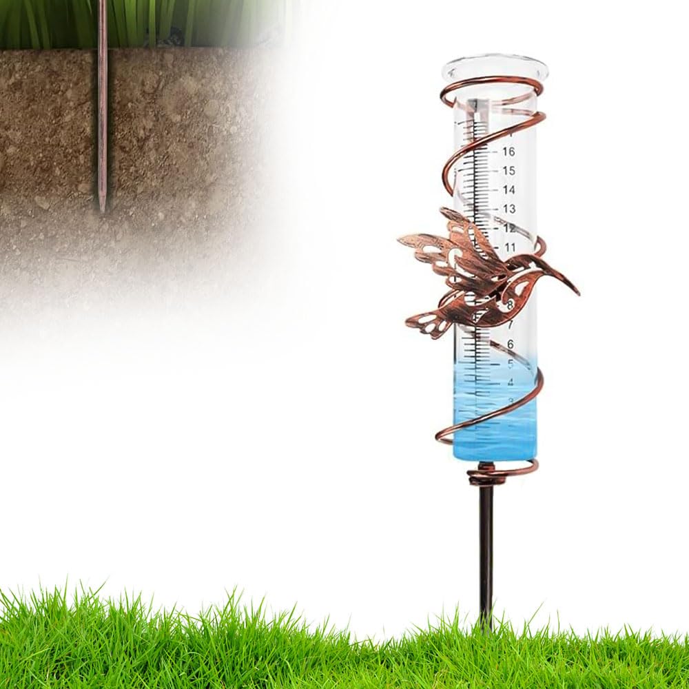 Dhqkqg Rain Gauge,Rain Gauge for Outdoor,7 inch Large Capacity Glass Rain Gauge Stake with Metal Tube Holder and Bird Decor,Detachable Rain Guage for Garden,Yard,Deck,Lawn,Landscape,Pond,Farmland