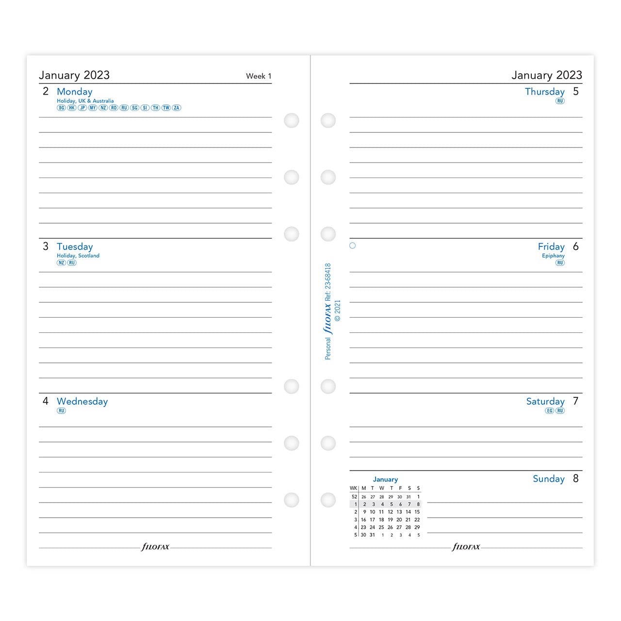 Letts of London Filofax Personal Week on Two Pages Lined 2023 Diary,White