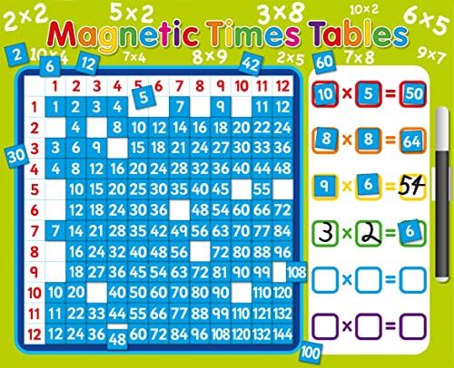 Magnetic 1-12 Times Tables Multiplication Board with separate magnets for each answer. Rigid board 40 x 32cm with hanging loop