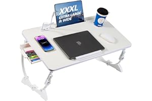 BYMECOST 28.35"x15.7"Adjustable Laptop Bed Desk with USB Ports, Storage Drawer, Cup Holder, XXX-Large Foldable Bed Laptop Table Stand for Couch, Portable Lap Desk Tray for Eating Reading Working Drawing Gaming