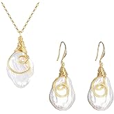 LOOYUUPEE Natural Baroque Freshwater Pearl Dangle Necklace for Women, Wire Wrap Gold Pearl Stud Earrings Jewelry, Matching Pearl Jewelry Set, Best Gift for Mom Lover Her (14K Gold Plated)