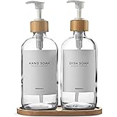 MaisoNovo Glass Dish Soap Dispenser for Kitchen Set of 2-16.9oz Clear Dish and Hand Soap Dispenser Set for Kitchen - Clear Glass Bottles x 2 with White Bamboo Pumps & Tray