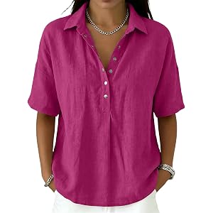 Women Cotton Linen Henley Shirt Short Sleeve Button V Neck Loose Fit Gauze Tops Beach Vaction Shirts