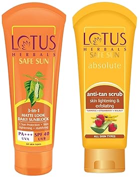Lotus Herbals Safe Sun 3-In-1 Matte Look Daily Sunblock SPF-40, 50g & Herbals Safe Sun Absolute Anti Tan Scrub, 100g Combo
