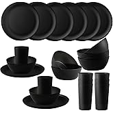 YARRGGU 24pcs Dinnerware Sets,Plates and Bowls Sets,Dishes Set for 8,Unbreakable Modern Dish Sets,Reusable Dinning Set,Dishware Sets for Kitchen,Party or Picnic, Dishwasher Safe,Black,BPA free