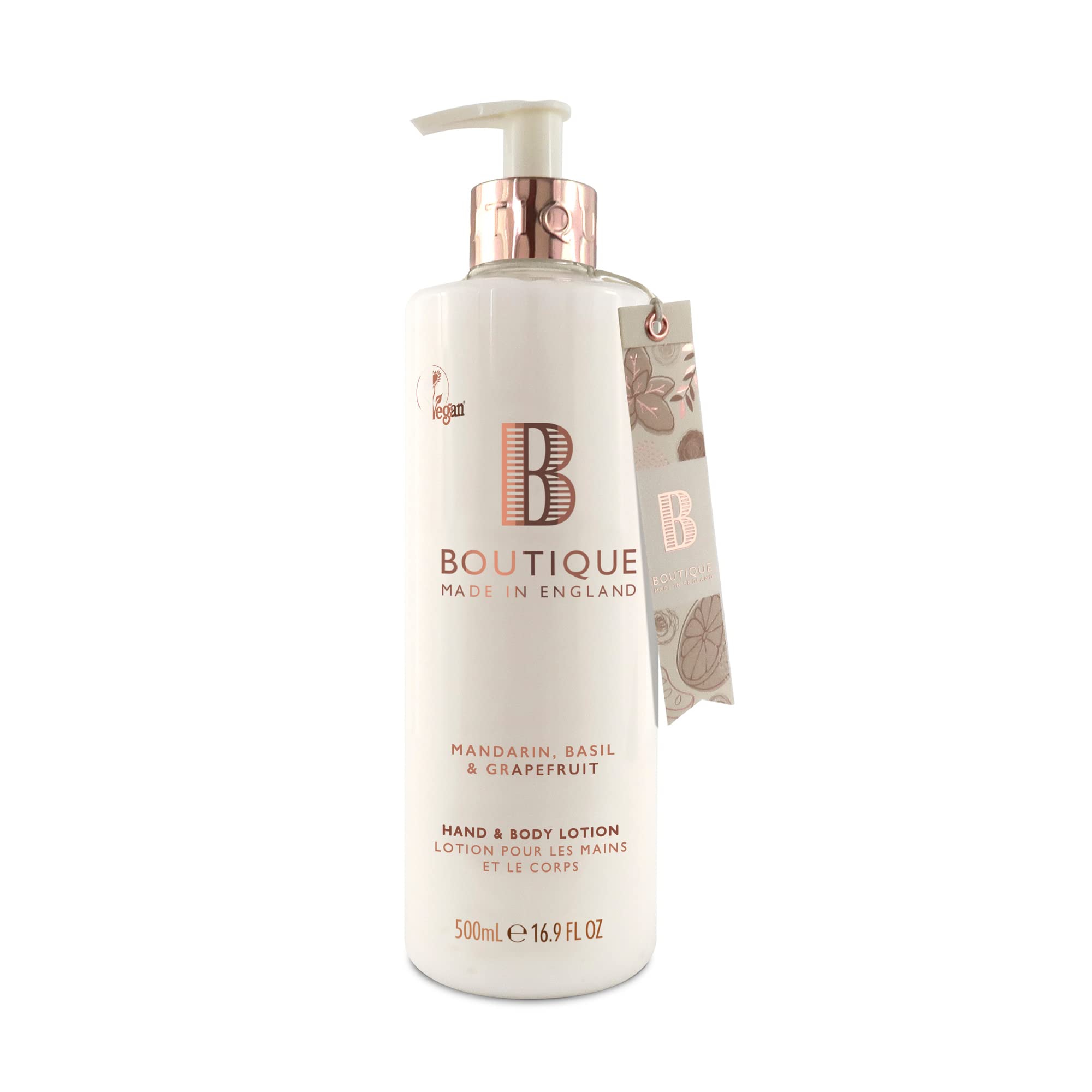 Boutique Mandarin, Basil & Grapefruit Fragrance Hand & Body Lotion 500ml – Vegan Body Moisturiser with Essential Oils, Made in England – Lightly Scented Refreshing Hand & Body Care