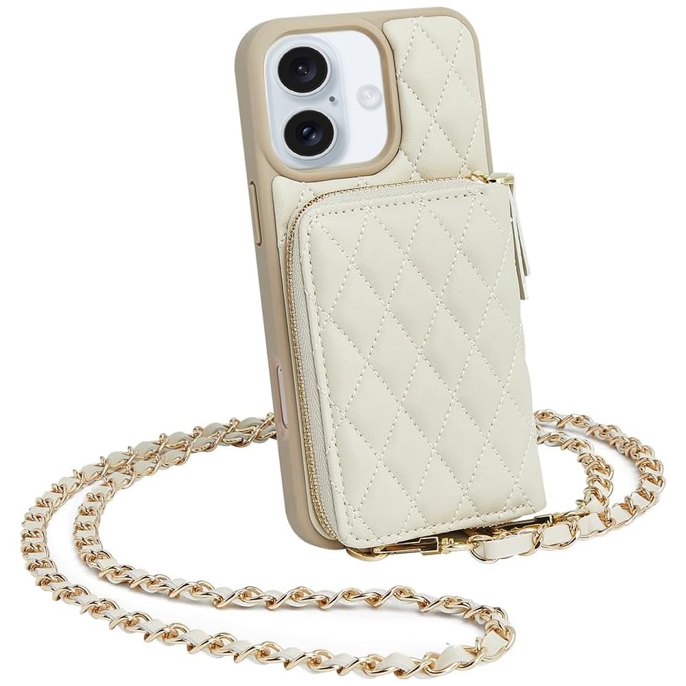 Photo 1 of LAMEEKU Compatible with iPhone 16 Case Wallet with Card Holder, RFID Blocking Wrist Strap Crossbody Phone Cover for Women for iPhone 16 6.1" Beige