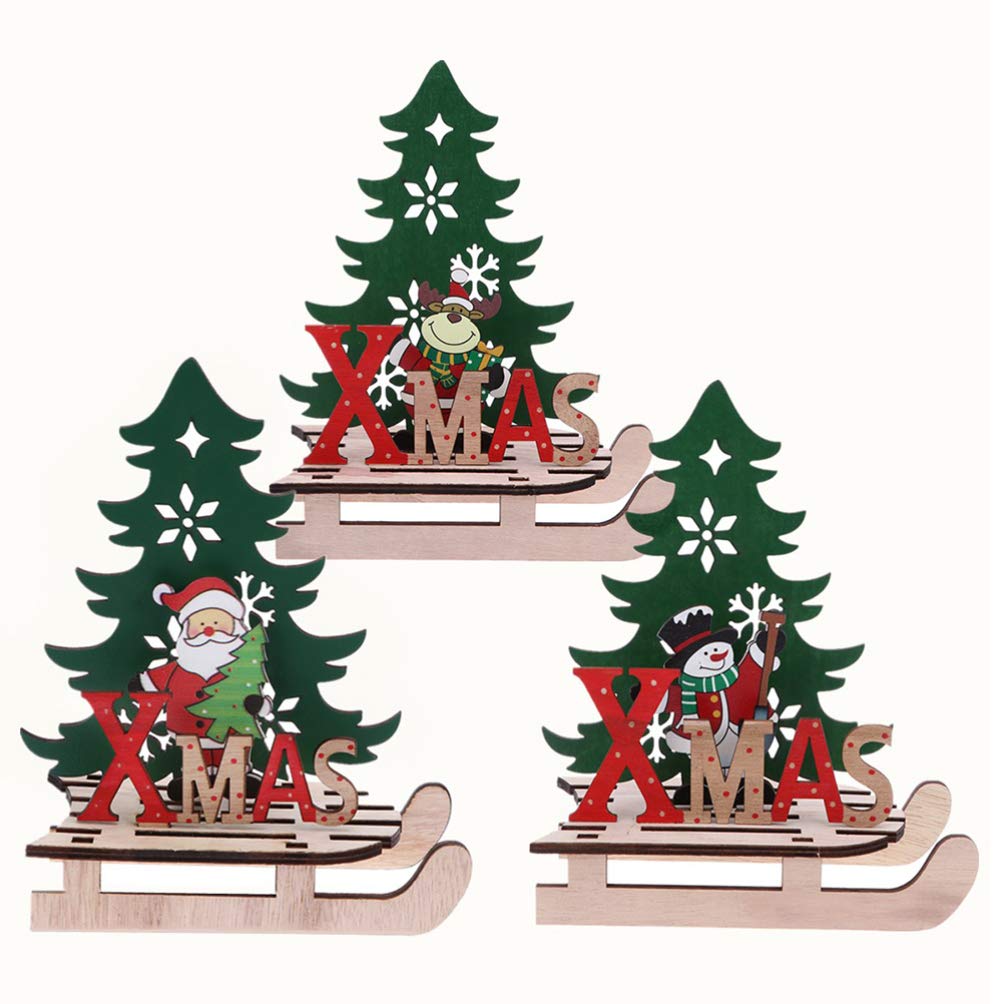 Amosfun 3pcs Wooden Christmas Ornament Christmas Sleigh Santa Snowman Reindeer Table Ornaments Gifts Christmas Craft Assembly Toys S