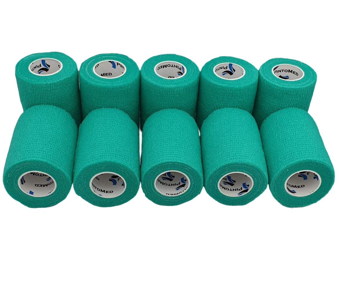 PintoMed – 10 X Green X 7.5CM X 4.5M - Cohesive Bandage Stretched, Self-Adhesive Flexible Bandages, First Aid Sports Wrap Bandages Pack Individually for Medical, Sports and Veterinary use.