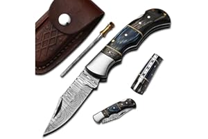 HA HANDMADE KNIVES Handmade Damascus Pocket Knife for Men - 6.5 Inches Damascus Folding Knife with Sheath - Pocket Knives and Folding Knives with Back Lock - Best for EDC, Camping, Fishing and Hiking, Blue, HA777