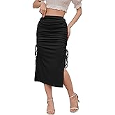HERBATOMIA Women’s Midi Ruched Skirt Bodycon Tight Stretchy High Elastic Waist Long Summer Skirts for Women with Slit