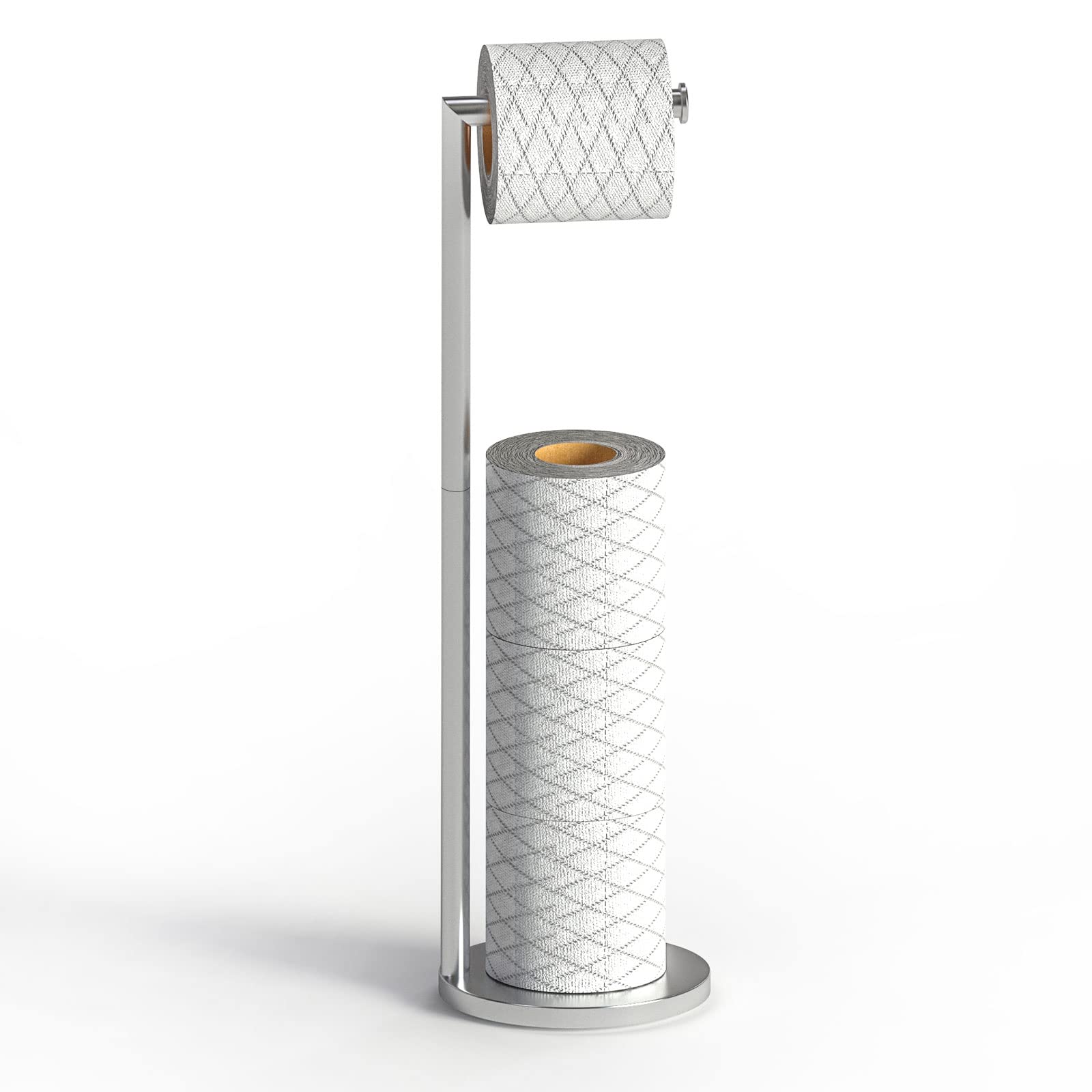 Top-spring Toilet Roll Holder Free Standing Toilet Paper Holder Stand with Reserve, Stainless Steel Anti Rust Freestanding Toilet Tissue Roll Dispenser Holds 3-4 Paper Rolls, Bathroom Storage (Silver)