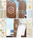 Metallic Temporary Tattoos for Women Teens Girls - 8 Sheets Gold Silver Temporary Tattoos Glitter Tattoo Designs Jewelry Tattoos - 100+ Color Flash Fake Waterproof Tattoo Stickers