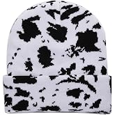 HAOOIE Cow Print Beanie Hats for Women Men Warm Knit Beanies Hat Black | Animal Print Beanies Y2K Cap 2 Layers Winter Leopard Print Skull Cap