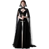 L'VOW Black Vampire Cloak with Lace Collar Women Standinng Collar Long Tulle Cape Gothic Cloak Halloween Witch Cosplay