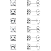 Stud Earring Set for Women Men 18K Yellow/White Gold Plated Princess Cut 4 Prong Graduated Square Clear Cubic Zirconia Pakc of 6 Pairs 3-7mm