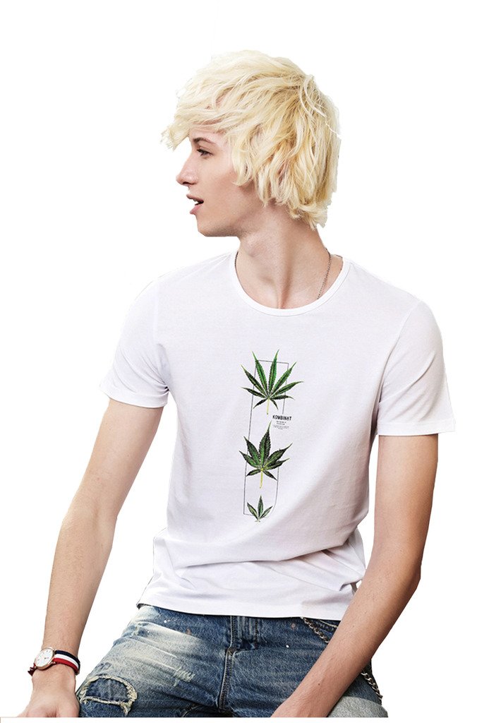 Faleto Mens Stylish Leaf Pattern Printing Cotton Short Sleeve Round Neck T-Shirt,White XXL