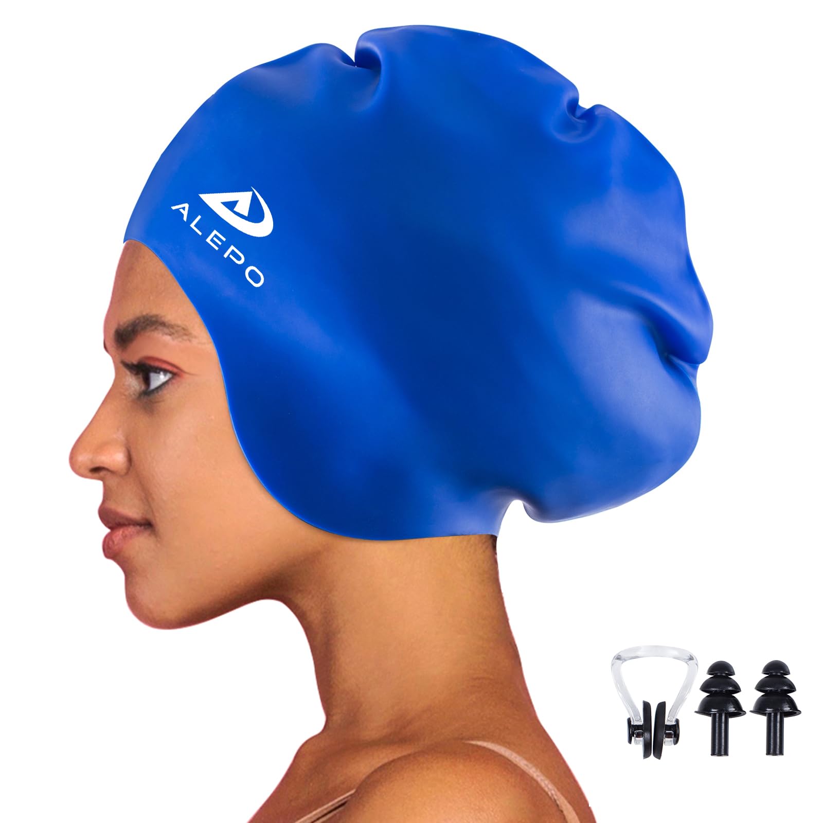 Alepo Extra Large Swimming Cap Women Men, Durable Silicone Swimming Hat Long Hair with Ear Protection, Unisex Adults Swim Caps for Long Thick Curly Hair & Dreadlocks Braids Weaves Afro Hair(Blue-) — image 1