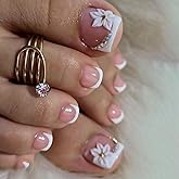 White French Tip Press on Toenails 3D Flower Fake Toe Nails | White Floral Toe Press on Nails with Rhinestones Design | Glossy Pink Acrylic Toenails | Summer Nails for Women 24Pcs