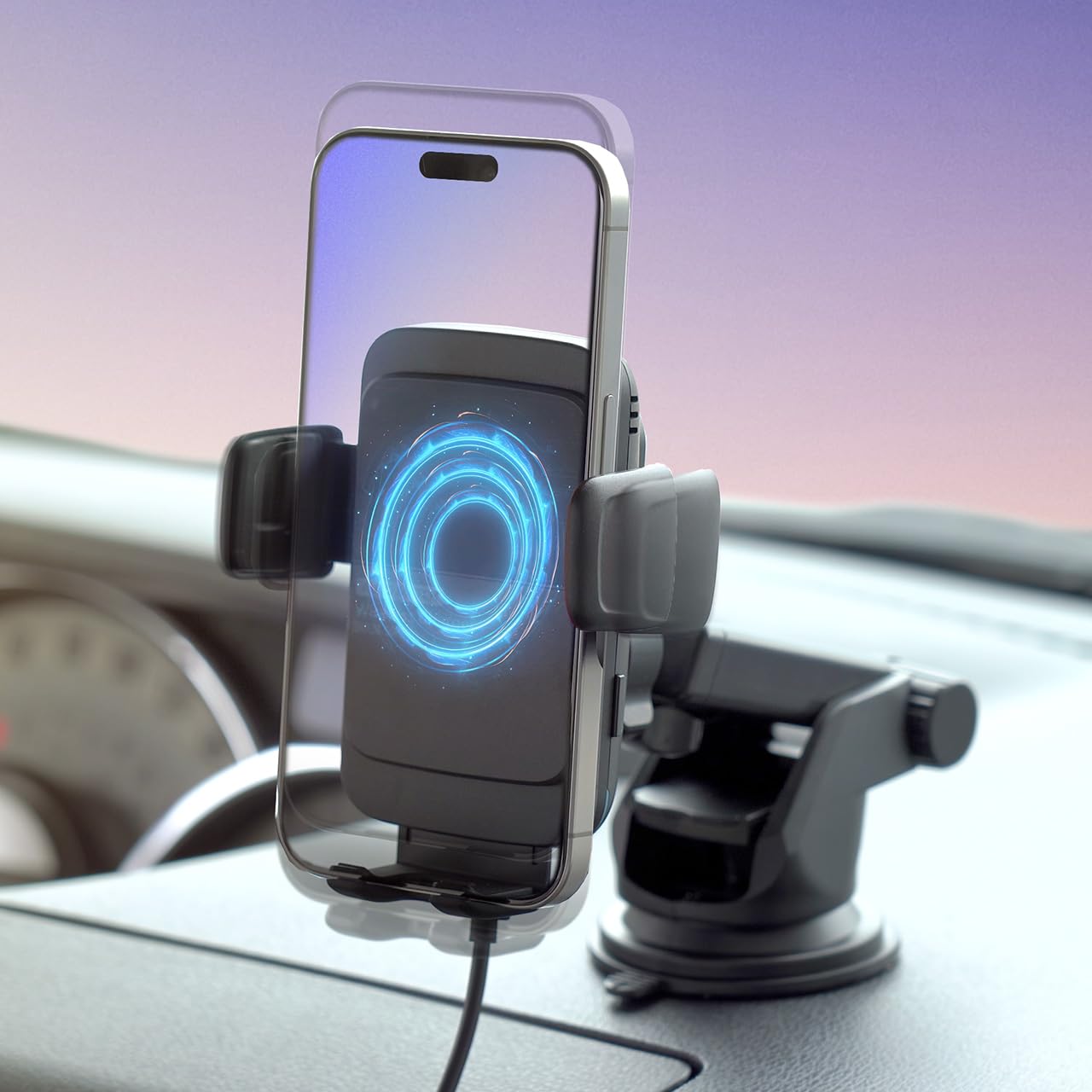 サンワサプライ 車載ホルダー ワイヤレス充電 充電コイル自動検知 自動開閉 吸盤エアコン取付 最大15W 急速充電 スマホホルダーの商品画像