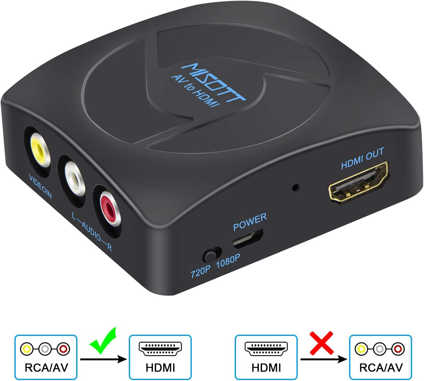 [Upgraded Version] Misott RCA Composite CVBS AV to HDMI Scaler Converter Adapter, Supports 720P/ 1080P Output Switch for PS2, N64, Wii, TV STB, VHS, VCR Camera, DVD(Black)