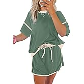 EVALESS Women's 2 Piece Sets Summer Casual Short Sleeve Tops Matching Drawstring Mini Skirt Going Out Lounge Outfits