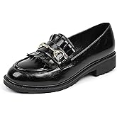 XHOGNLS Tassel Loafers for Women's Patent Leather Low Heel Metal Buckle Slip On Moccasins Dress Shoes Casual Round-Toe Comfort Business Uniform Driving Walking Shoes