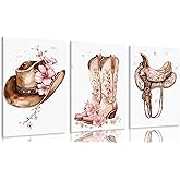 Tertiosh 3Pcs Western Cowgirl Canvas Wall Art Retro Western Flower Boots Hats Wall Decoration Pictures Girls Room Paintings Artwork Preppy Prints for Living Room Bedroom Dorm Decor 12x16in