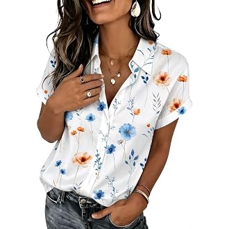 Zeagoo Summer Tops for Women Short Sleeve Button Down Shirt V Neck Blouse | Short Sleeve Shirt,V Neckline,Button Front,Chest