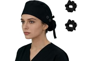 Hapforever 1PC Satin Lined Scrub Cap for Women, Surgical Nurse Caps with 4 Buttons Cotton Working Hat Sweatband Ponytail Scru