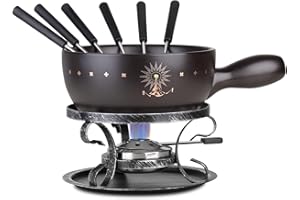 Artestia 2.11-Quart Ceramic Fondue Pot Set Cheese Chocolate Melting Pot Metal Stand with 6 Fondue Forks and Swiss Alps Pattern, Perfect for 6-8 People